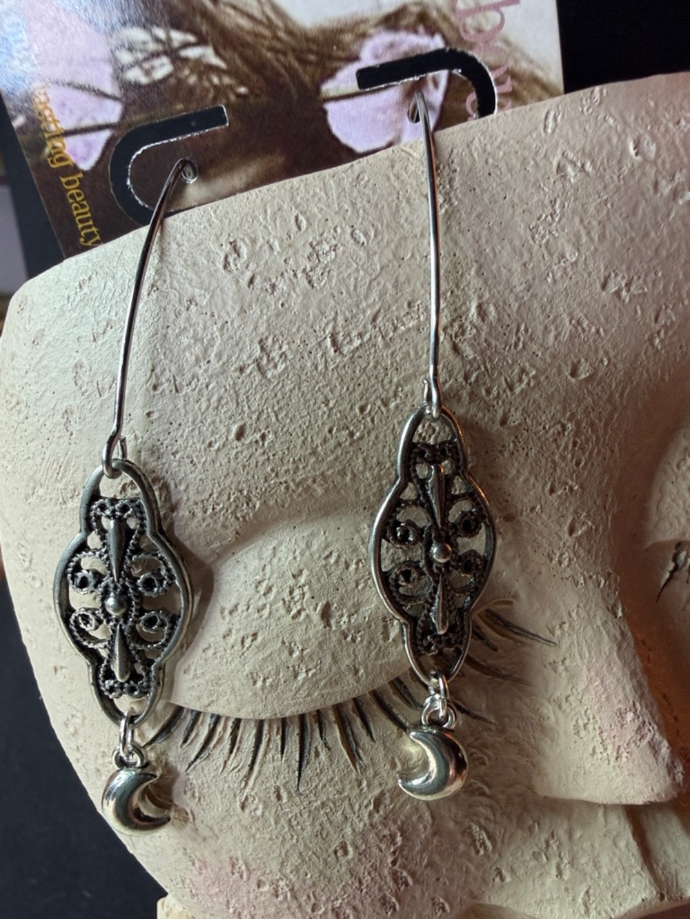 Silver Filigree Moon Drop Earrings - Silver